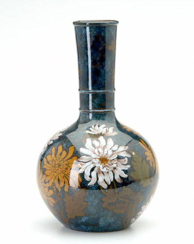 Appraisal: JOHN BENNETT Bottle-shaped vase painted with white and amber chrysanthemums