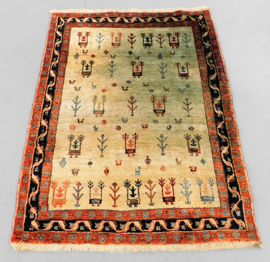 Appraisal: PERSIAN GABBEH PICTORIAL RUG Middle East th CenturyTree people and