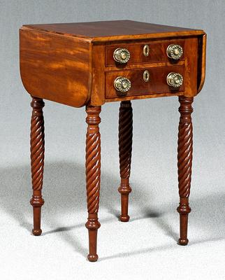 Appraisal: Late Federal mahogany work table two drawers spiral turned legs