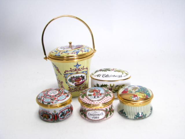 Appraisal: Group of porcelain boxes including three Halcyon Days Christmas boxes