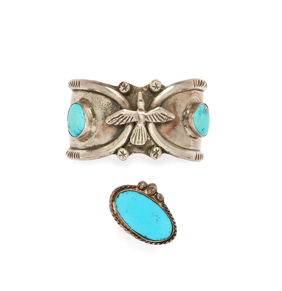 Appraisal: Navajo Turquoise Cuff Bracelet and Ring Navajo turquoise and silver