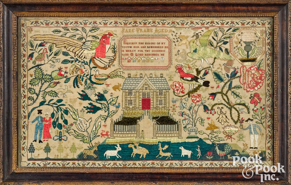 Appraisal: Elaborate English or Irish silk on linen sampler Elaborate English