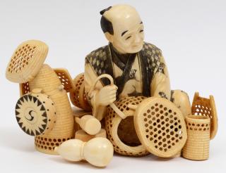 Appraisal: CARVED IVORY GROUP Japanese Signed Of a seated basket weaver