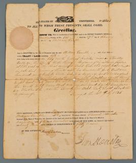 Appraisal: Sam Houston signed land grant Sam Houston signed Tennessee land