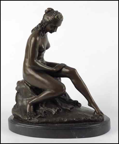 Appraisal: BRONZE FEMALE NUDE FIGURE Raised on a '' base Signed