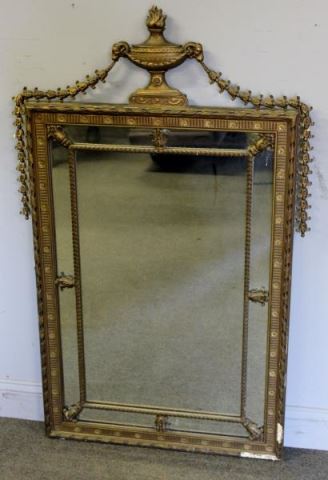 Appraisal: Vintage Adam Revival Mirror with Rams HeadUrn Finial From a