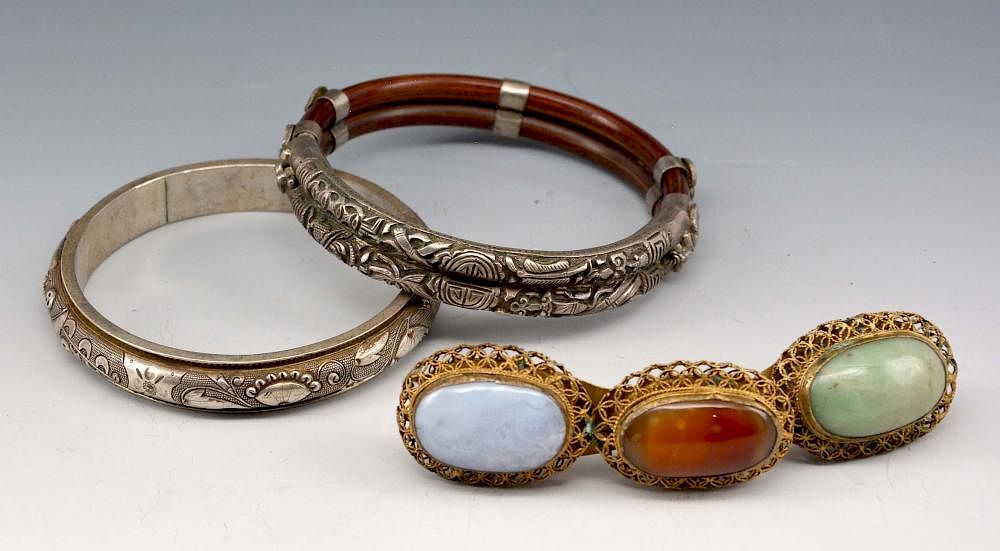 Appraisal: Grouping of Chinese jewelry bangles and buckle Grouping of Chinese