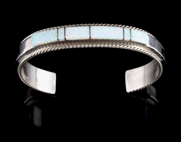 Appraisal: Fran Yazzie Navajo Inlaid White Opal Sterling Cuff For bidding