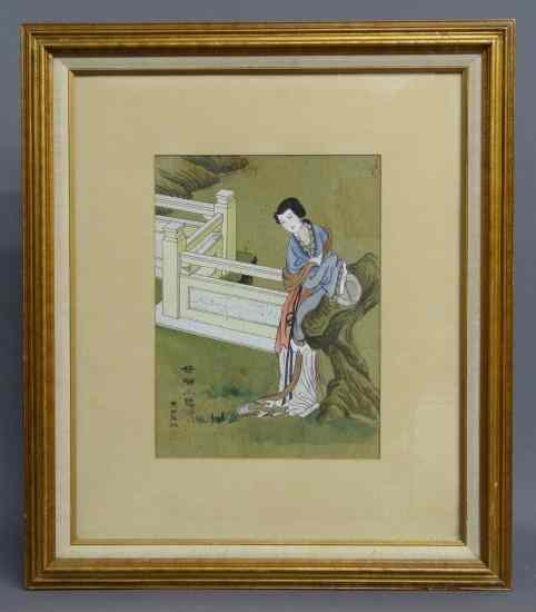 Appraisal: Asian watercolor of a woman on tree Site '' x