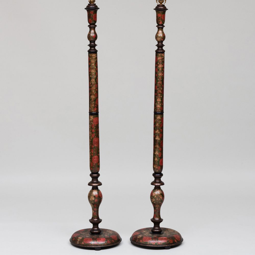 Appraisal: Pair of Indian Painted Floral Floor Lamps in the Kashmiri