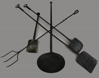 Appraisal: Five Wrought Iron Fireplace Tools Two Early Ramshorn Peels And