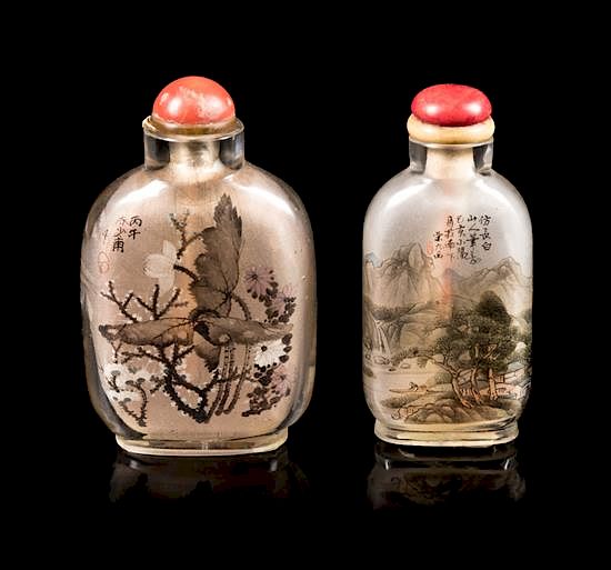 Appraisal: Two Inside Painted Glass Snuff Bottles Height of larger inches