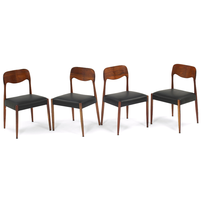 Appraisal: s dining chairs four black leather upholstery