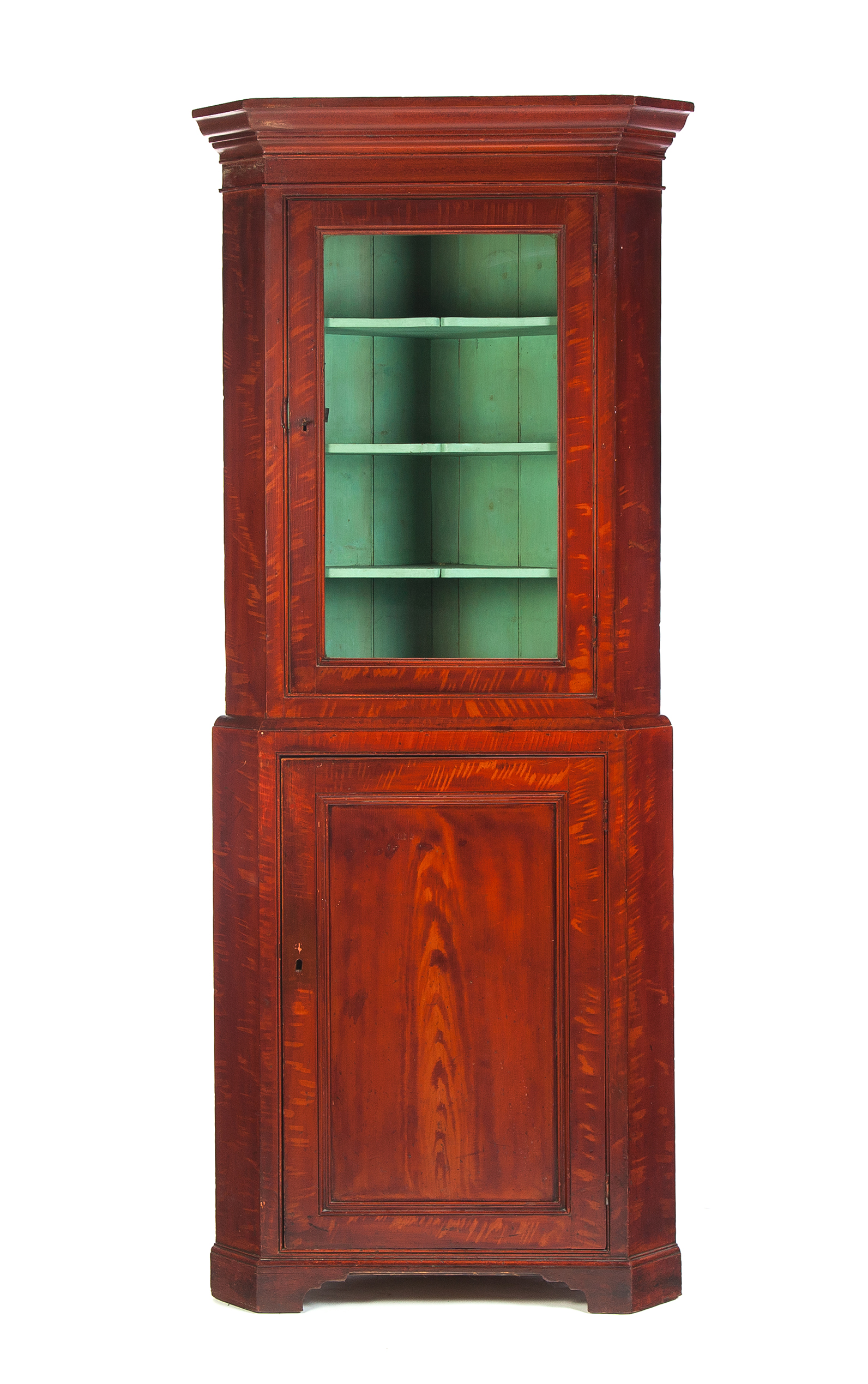 Appraisal: AMERICAN CORNER CUPBOARD Ca - grain painted faux mahogany Two-piece