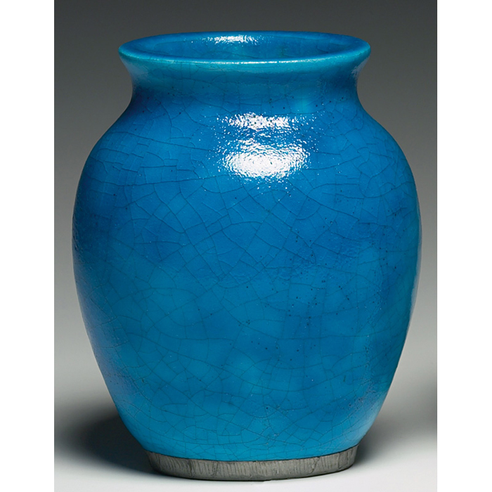 Appraisal: Lachenal vase bulbous shape covered in a turquoise glaze applied