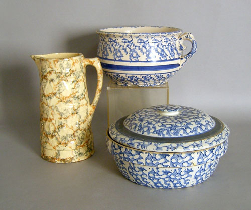 Appraisal: Two blue sponge bowls together with a pitcher late th