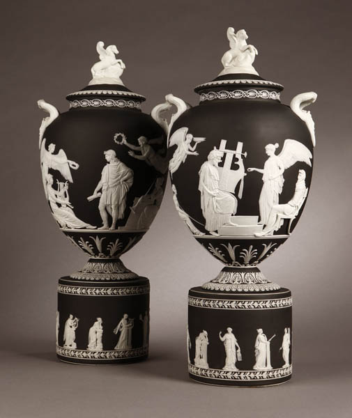 Appraisal: Pr Wedgwood black white jasperware Pegasus vases Pr Wedgwood black