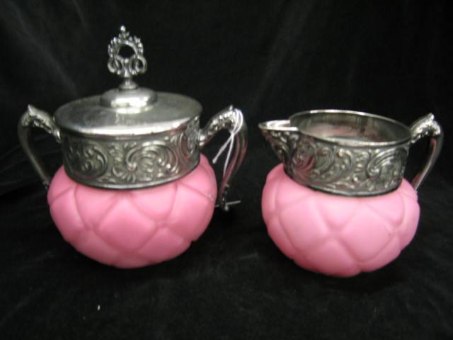 Appraisal: Victorian Pink Puffy Art Glass creamer sugar silverplate mounts