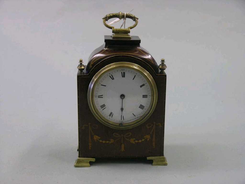 Appraisal: An Edwardian inlaid mahogany mantel clock with enamelled dial and