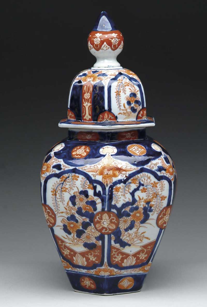 Appraisal: OUTSTANDING JAPANESE IMARI COVERED TEMPLE JAR Hexagonal polychrome paneled jar