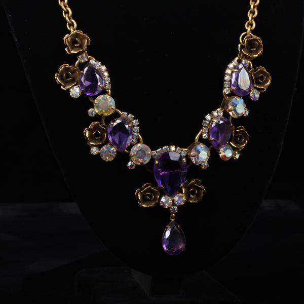 Appraisal: Unmarked Gold Tone Roses Purple Iridescent Jewels Bib Necklace