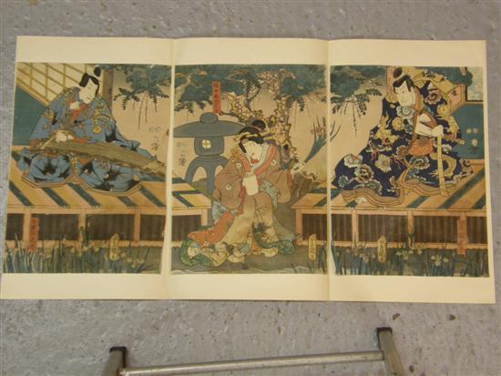 Appraisal: Japanese triptych woodblock print depicting a figure playing a musical