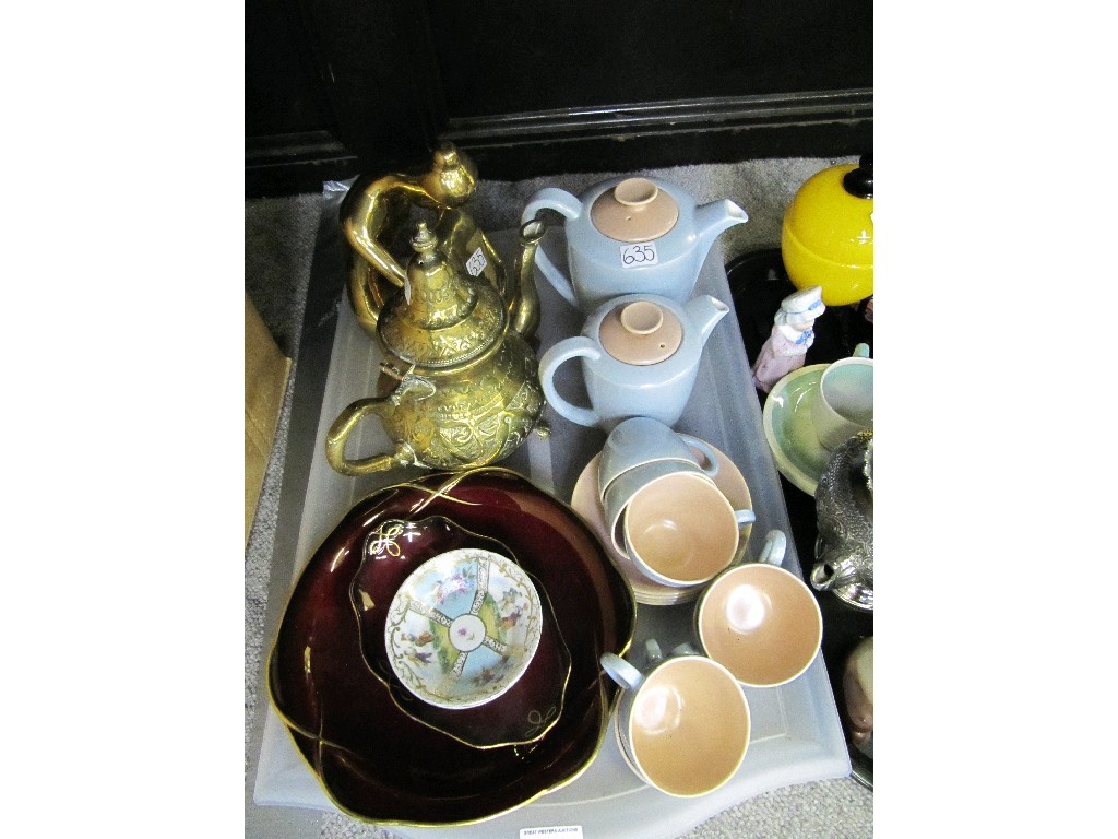 Appraisal: Assorted tray lot to include Poole coffee set brass figures