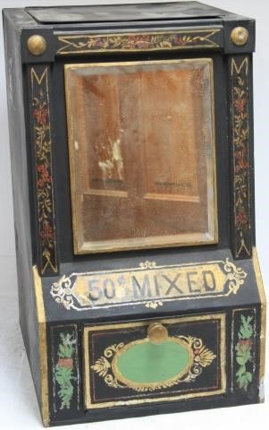 Appraisal: COUNTRY STORE TEA TIN WITH BEVELED FRONT MIRROR CENTS MIXED