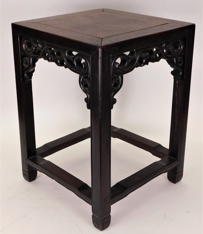 Appraisal: CHINESE HUANGHUALI CARVED WOOD SIDE TABLE China Qing DynastySquare top