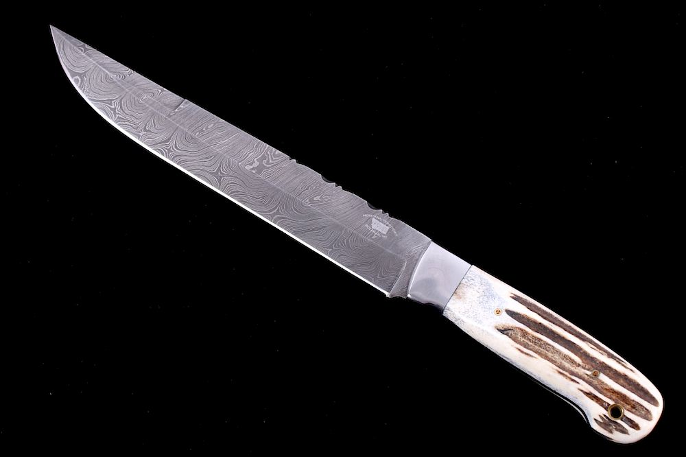 Appraisal: M T Stag Horn Trout Fillet Bowie Damascus Knife This