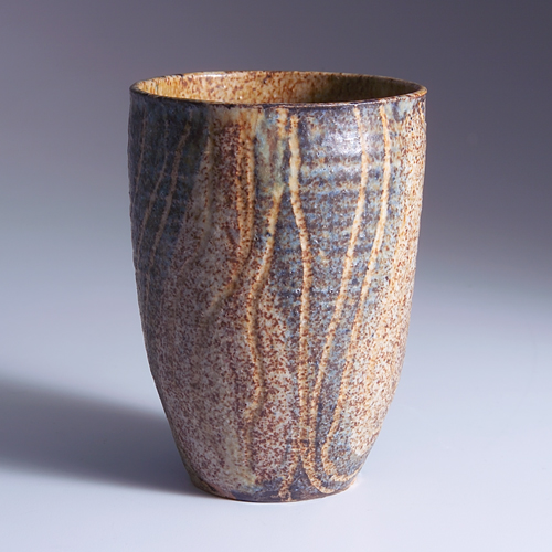 Appraisal: CLYDE BURT Flaring stoneware vase incised with topographical-style lines and