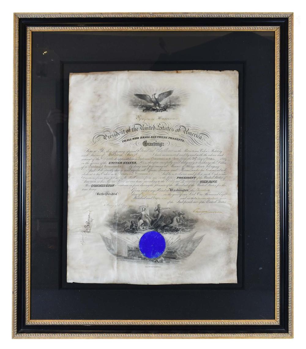 Appraisal: BENJAMIN HARRISON PRESIDENTIAL NAVAL COMMISSIONDated th October signed by President