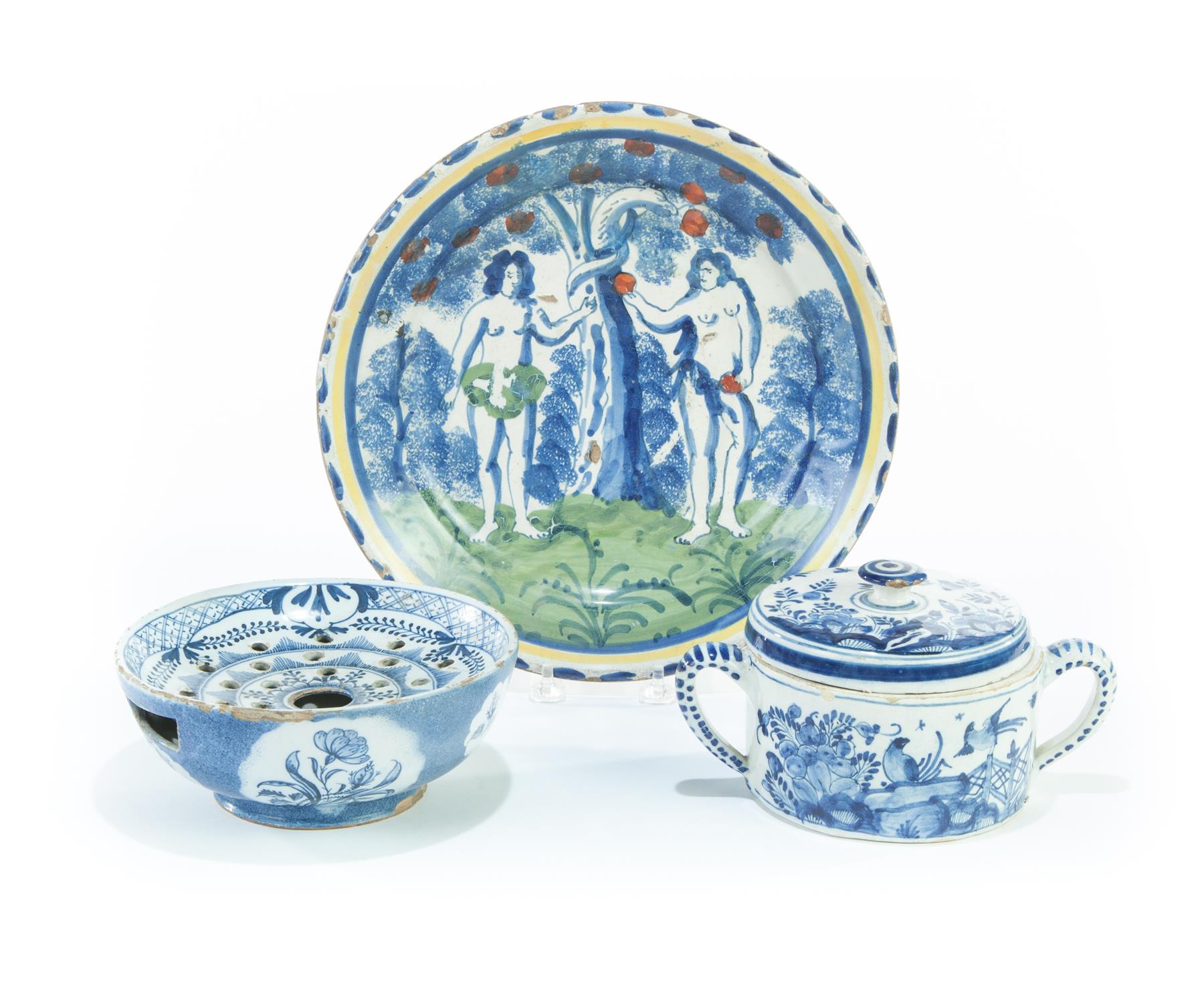 Appraisal: THREE PIECES OF DELFT Eighteenth- th century Covered bowl h