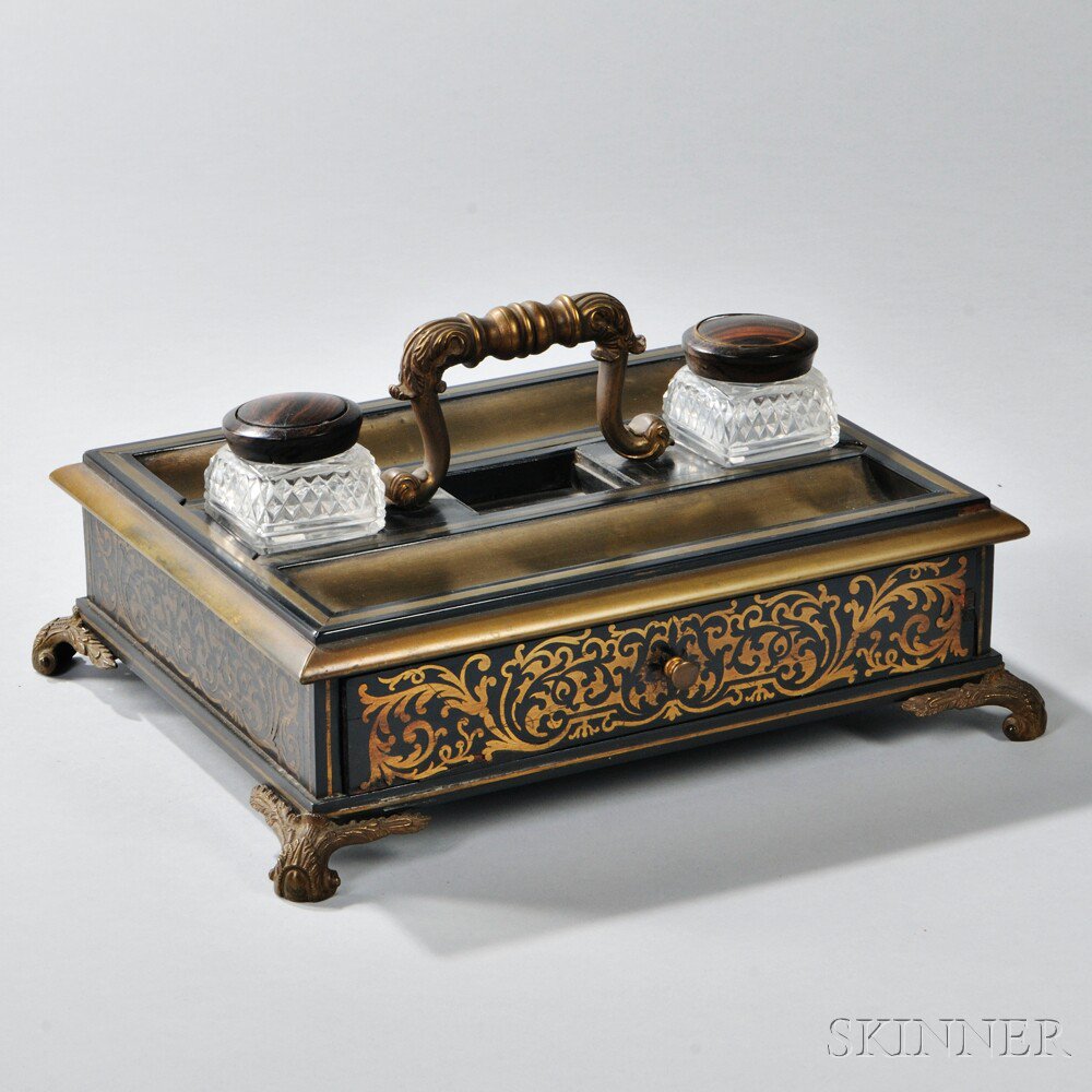 Appraisal: Brass-inlaid Stand with Two Inkwells late th early th century