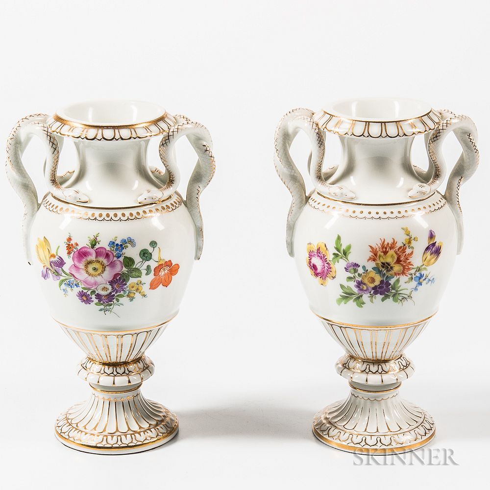 Appraisal: Pair of Meissen Porcelain Snake-handled Vases Pair of Meissen Porcelain