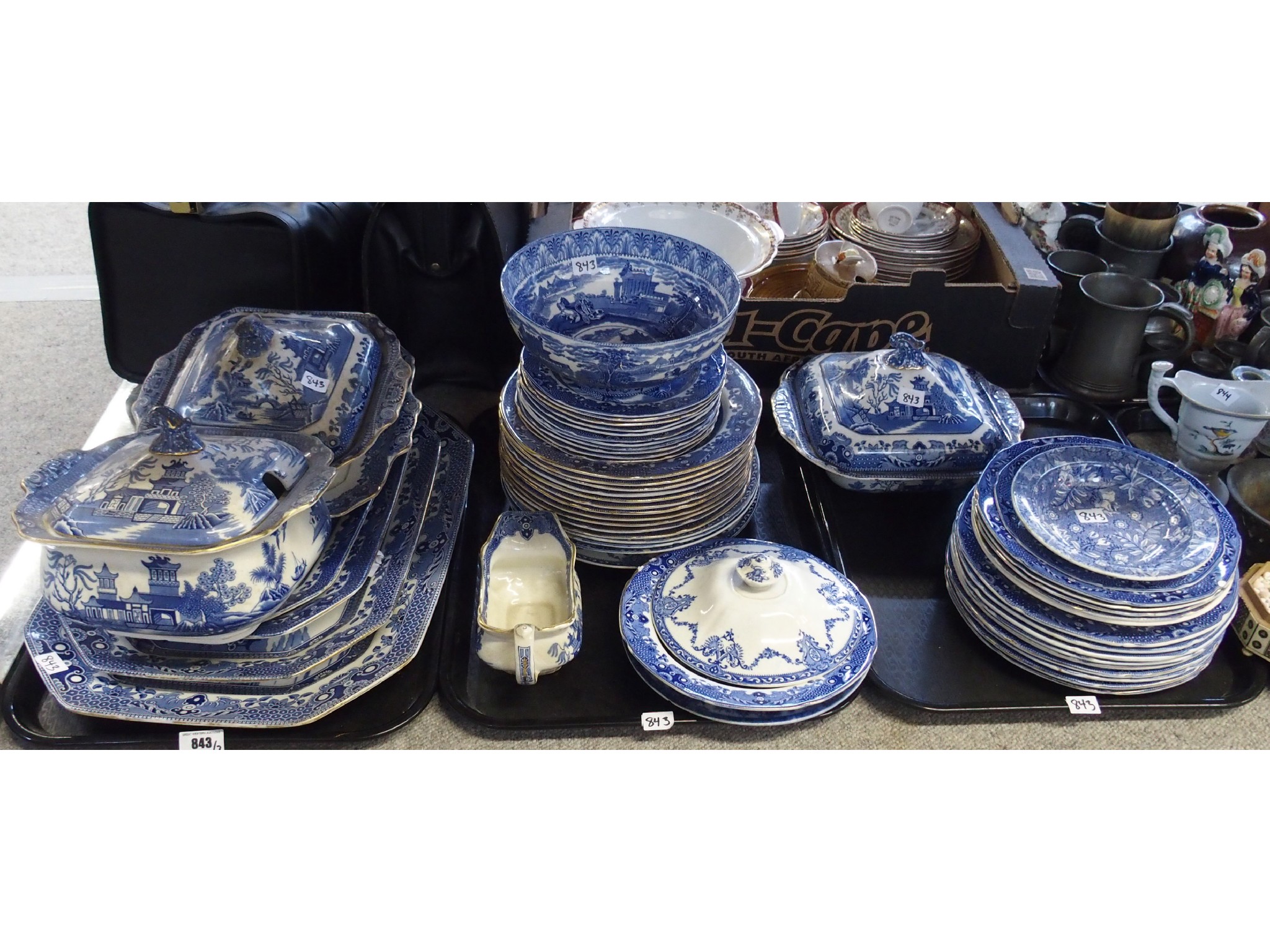 Appraisal: Three trays comprising blue and white dinnerwares marked Willow Cauldon