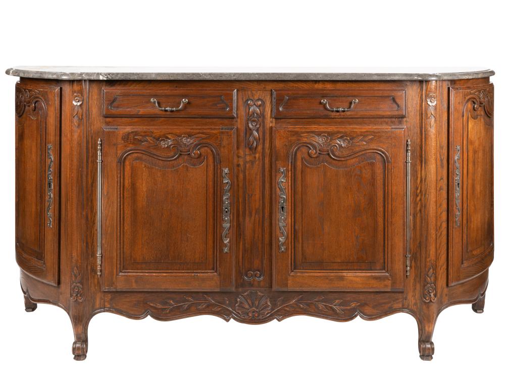 Appraisal: REGENCE-STYLE CARVED OAK MARBLE SIDEBOARD th century the D-form top