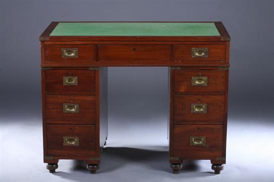 Appraisal: CAMPAIGN STYLE MAHOGANY DOUBLE-PEDESTAL DIMINUTIVE DESK th century with green