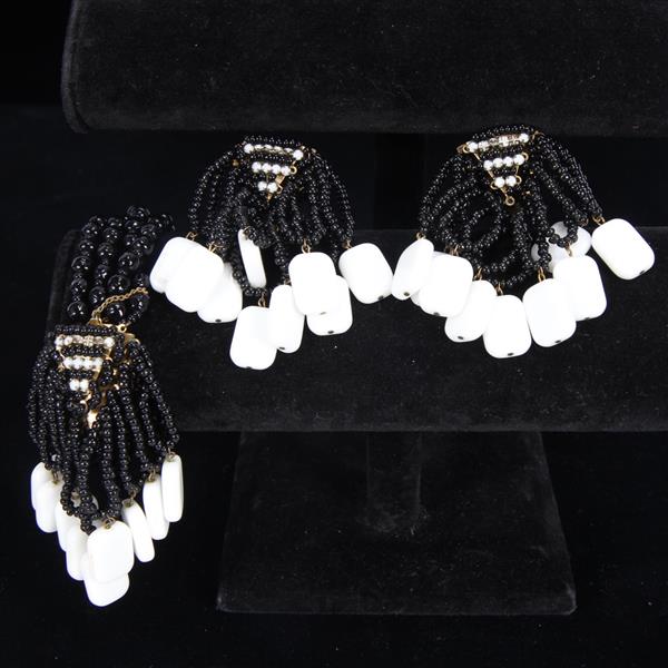 Appraisal: Miriam Haskell pc black white glass beaded fringe bracelet clip