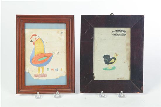 Appraisal: TWO FOLK ART PAINTINGS OF ROOSTERS American nd half- th