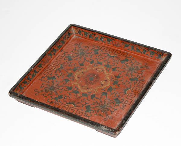 Appraisal: A Chinese red lacquered square tray dimensions x in