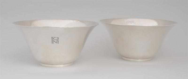 Appraisal: PAIR OF TIFFANY CO MONOGRAMMED SILVER FOOTED BELL-FORM BOWLS -