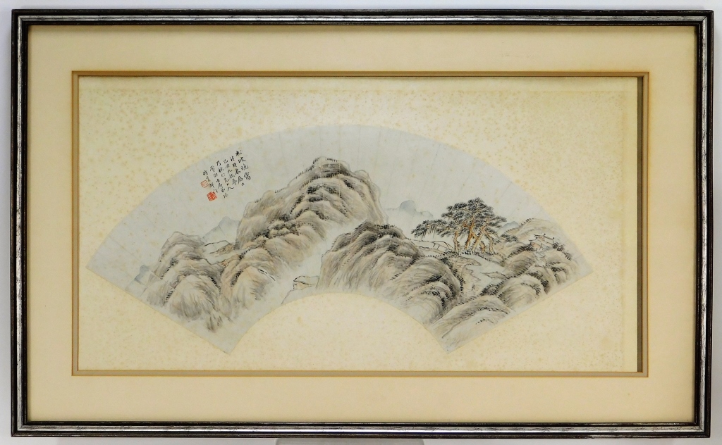 Appraisal: FRAMED CHINESE PAINTED LANDSCAPE FAN China Qing DynastyLiterati painting of