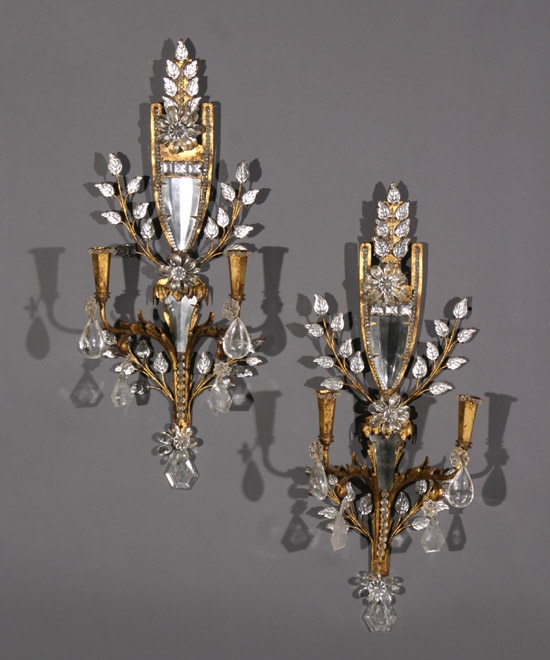 Appraisal: Pair of Continental Gilt Metal and Glass Two-Light Wall Sconces