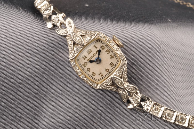 Appraisal: Lady's Platinum and Diamond Wristwatch Bulova the white metal dial