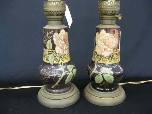 Appraisal: Pair of Mt Joye Enameled Art Glass Lamps floral on