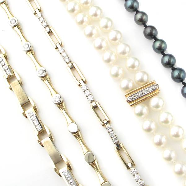 Appraisal: A collection of diamond cultured pearl and gold bracelets five