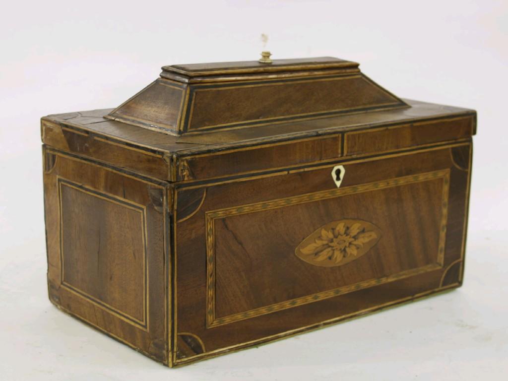 Appraisal: th century mahogany inlaid tea caddy the front with an