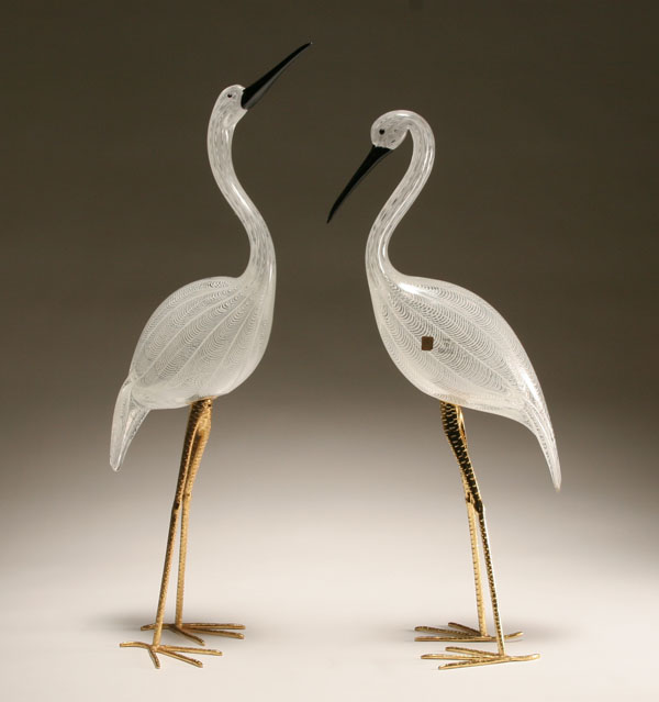 Appraisal: Pair Zanetti white mezza filigrana glass storks on gilt metal