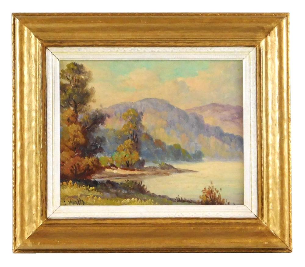 Appraisal: Impressionistic landscape signed L Watts oil on board depicts lakeside